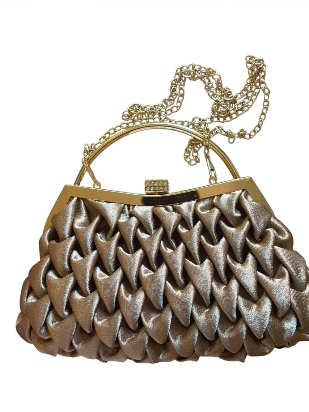 NWT Gold Pleated Satin Evening Clutch with Rhinestone Clasp Chain Strap Event